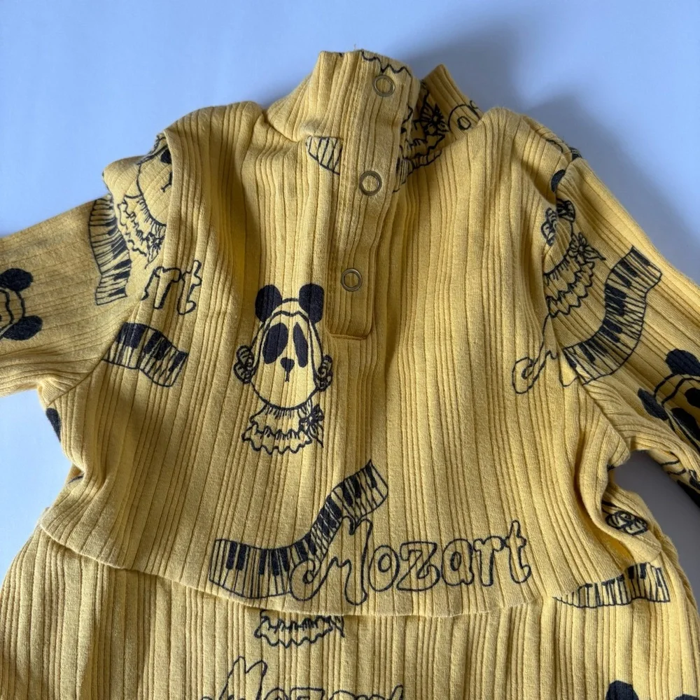 Mini Rodini Mustard Yellow Mozart Panda Piano Keyboard Novelty Print Dress 12-18